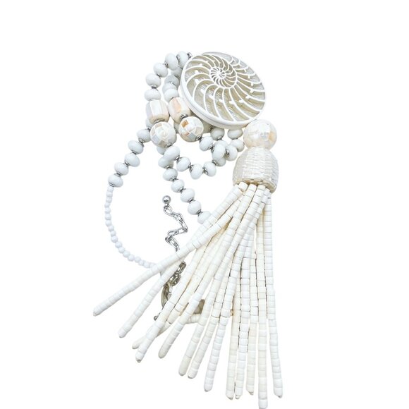 Chico's Shell Pendant Necklace With Beaded Tassel & Adjustable Chain - Picture 2 of 6